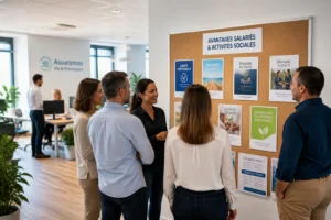 Salariés MAAF consultant les avantages du CSE sur un tableau d'affichage en open space