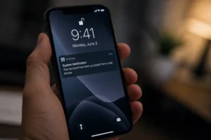 Main tenant un smartphone avec une notification de sécurité suspecte à l'écran, éclairage intérieur tamisé