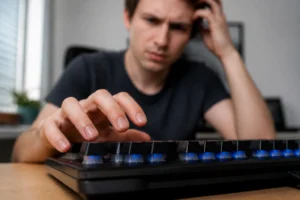 Clavier mécanique avec touches rétroéclairées posé sur un bureau, mains en suspension au-dessus
