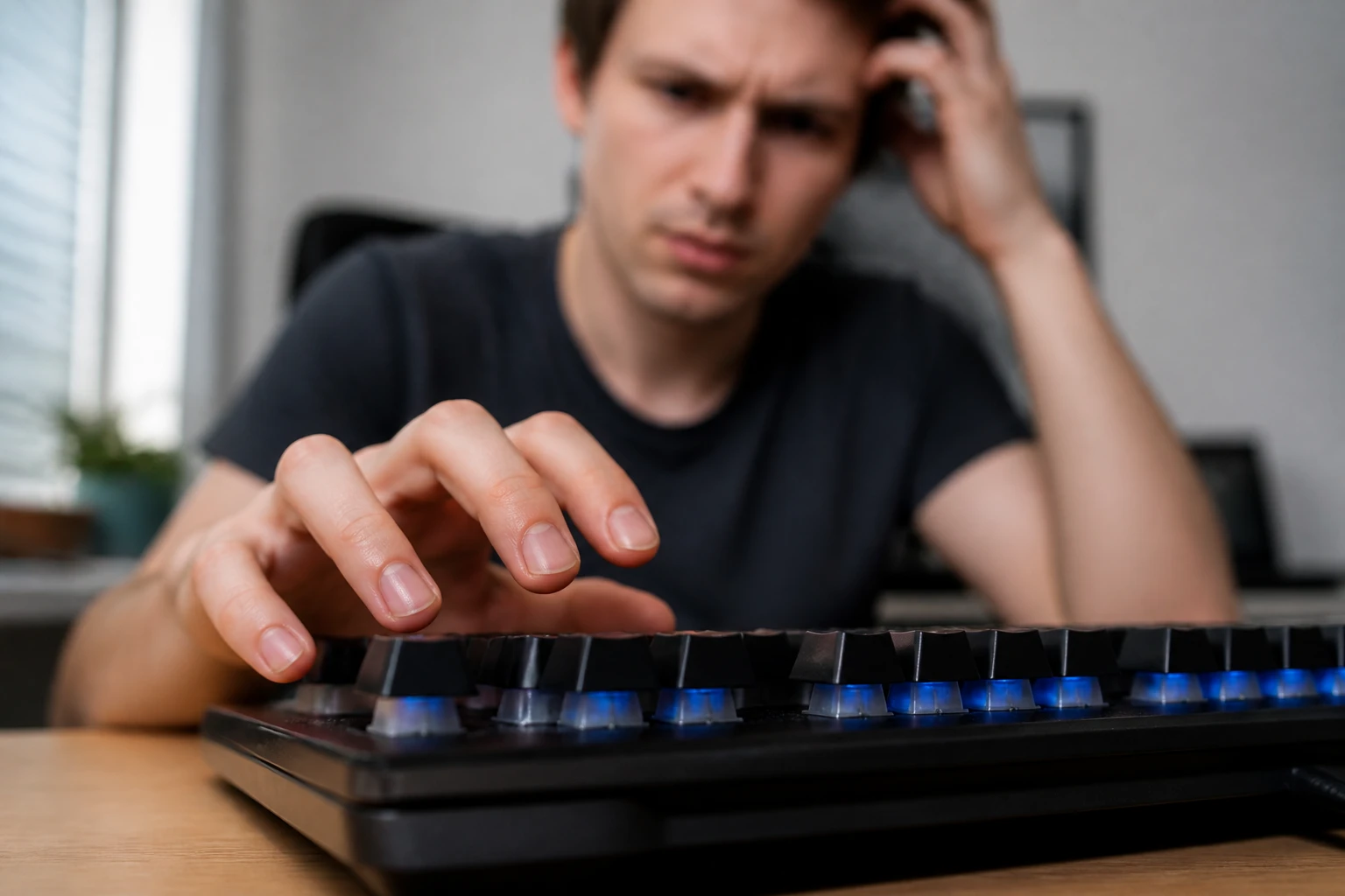 Clavier mécanique avec touches rétroéclairées posé sur un bureau, mains en suspension au-dessus