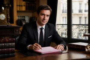 Notaire français à son bureau avec des dossiers juridiques, lumière naturelle, ambiance professionnelle