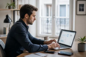 Professionnel français analysant un tableau de bord d'outil SaaS sur laptop dans un bureau épuré