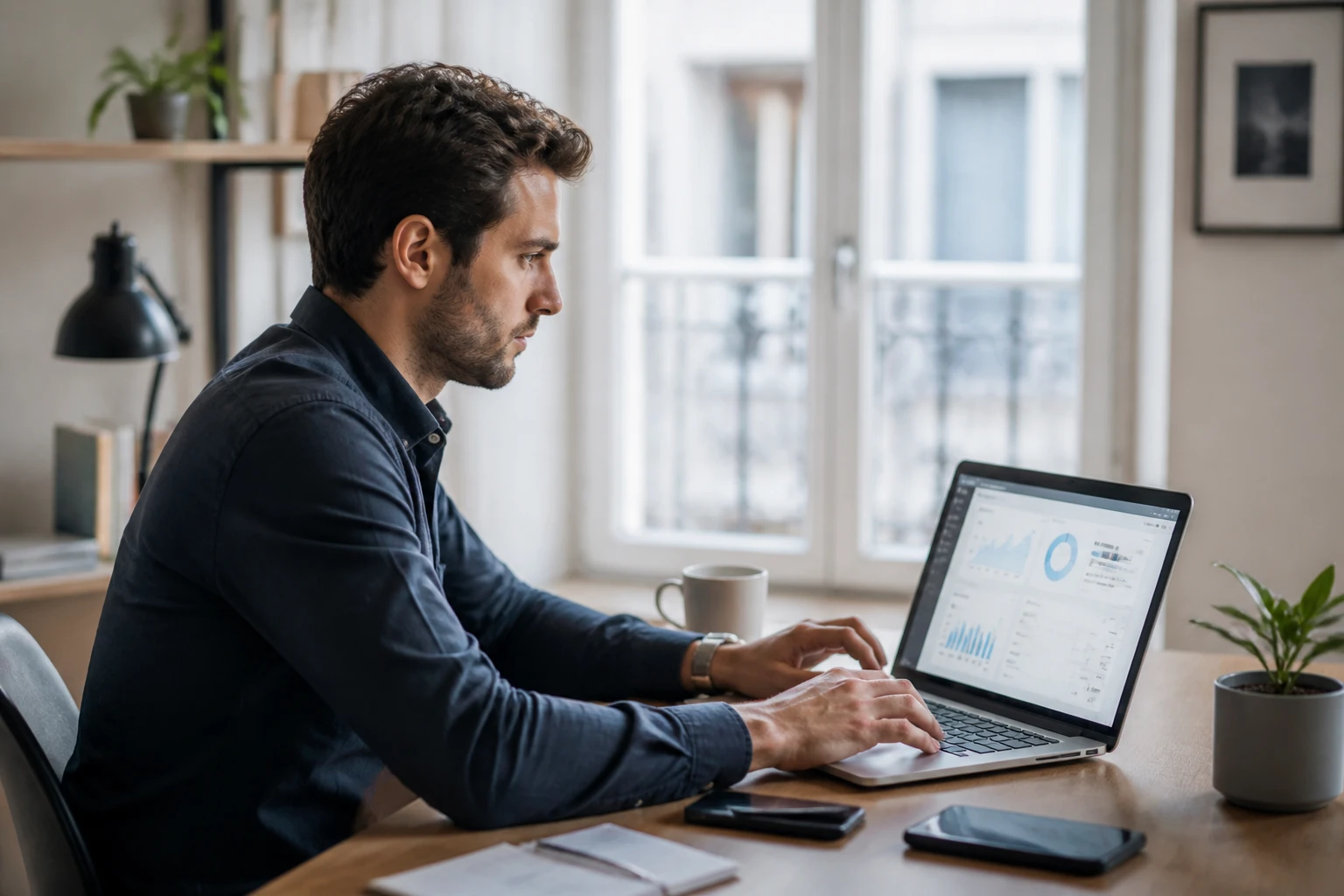 Professionnel français analysant un tableau de bord d'outil SaaS sur laptop dans un bureau épuré