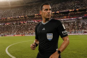 Arbitre de football en tenue noire au centre d'un stade lors d'une Coupe du monde FIFA