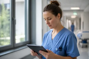 Infirmier en tenue bleue consultant une tablette dans un couloir d'hôpital suisse moderne