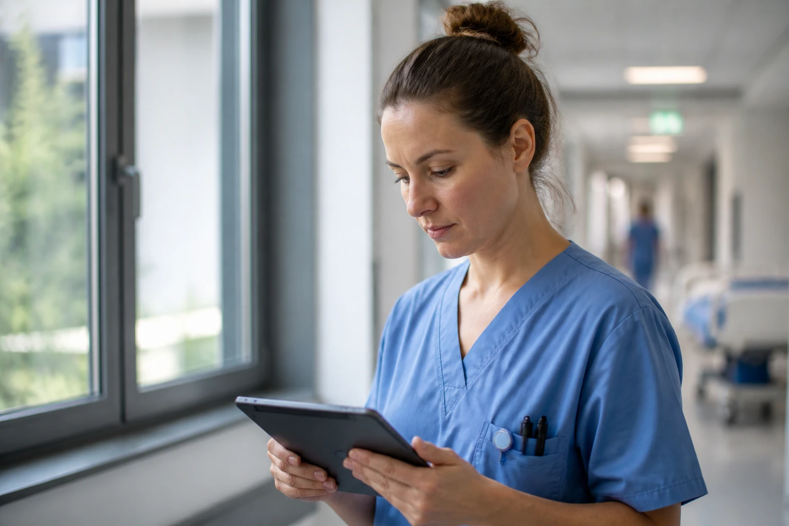 Infirmier en tenue bleue consultant une tablette dans un couloir d'hôpital suisse moderne