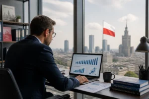 Analyste financier à Varsovie comparant les salaires minimum européens sur ordinateur portable