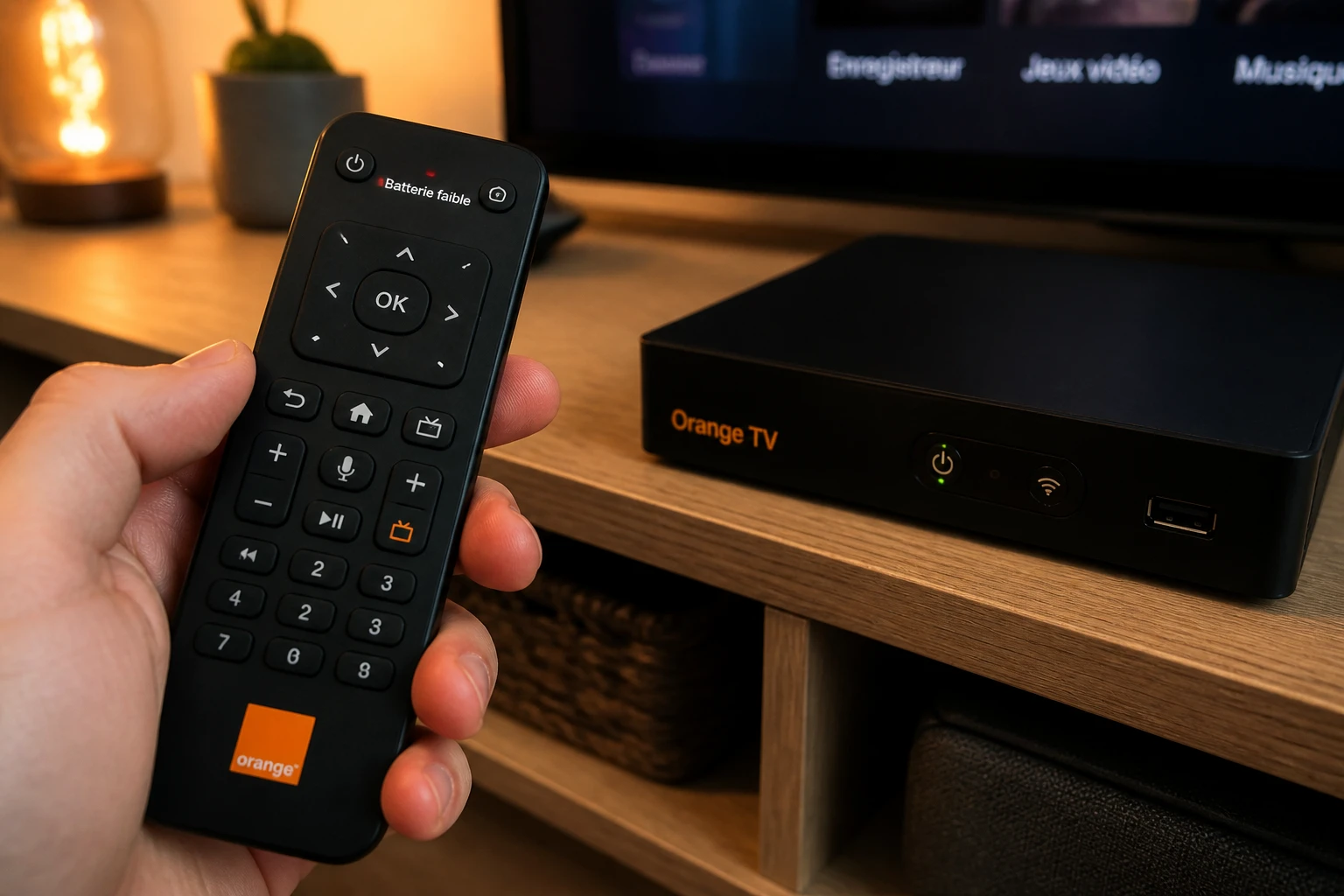 Télécommande Orange UHD tenue en main devant un décodeur TV Orange allumé dans un salon moderne