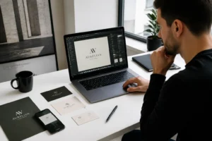 Entrepreneur créant un logo professionnel sur un générateur en ligne avec des mockups de branding sur son bureau