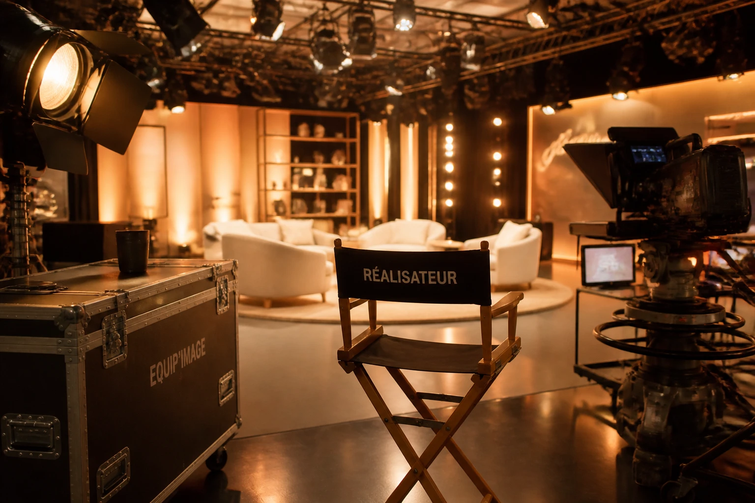 Plateau de télévision français avec projecteurs et chaise de metteur en scène en coulisses