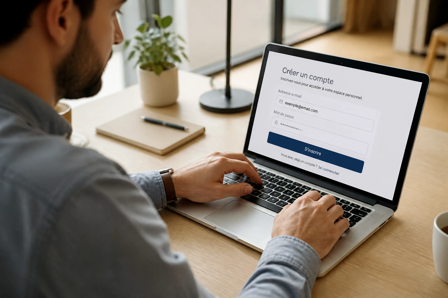 Homme remplissant un formulaire de création de compte sur un ordinateur portable