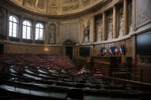 Hémicycle du Sénat français vide, illustrant l'univers institutionnel de Gérard Larcher