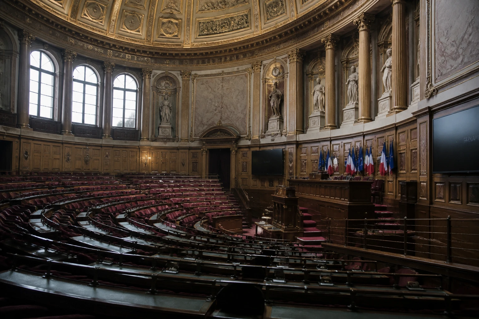 Hémicycle du Sénat français vide, illustrant l'univers institutionnel de Gérard Larcher