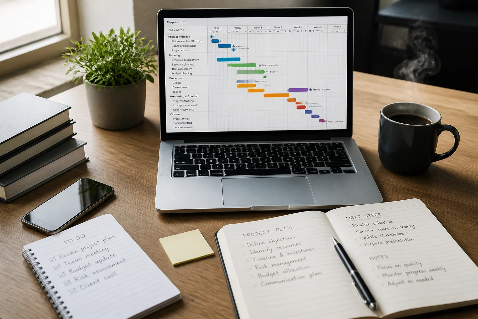 Écran affichant un logiciel de rétroplanning avec planning de tâches sur un bureau professionnel