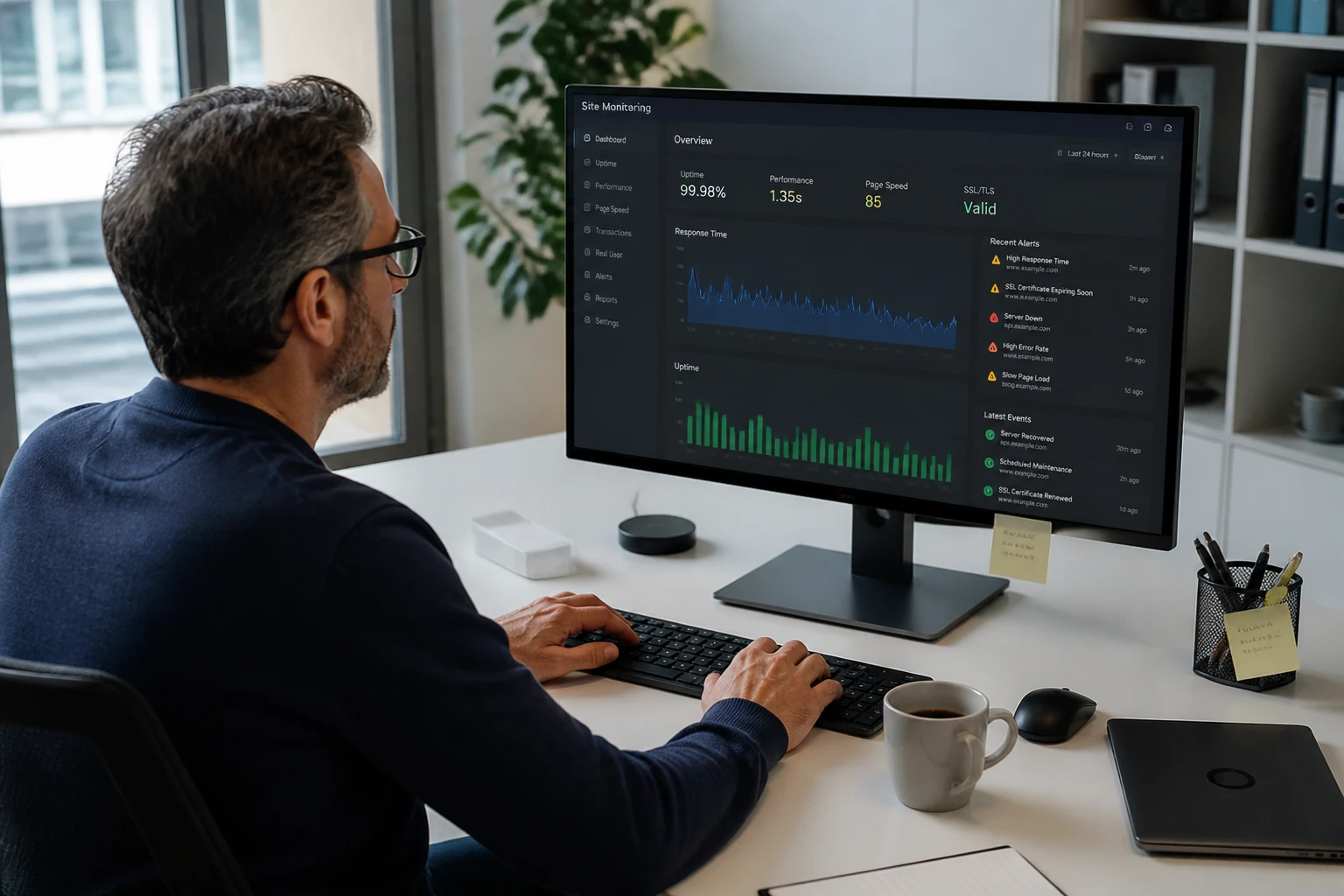 Développeur consultant un tableau de bord de maintenance de site internet sur son écran