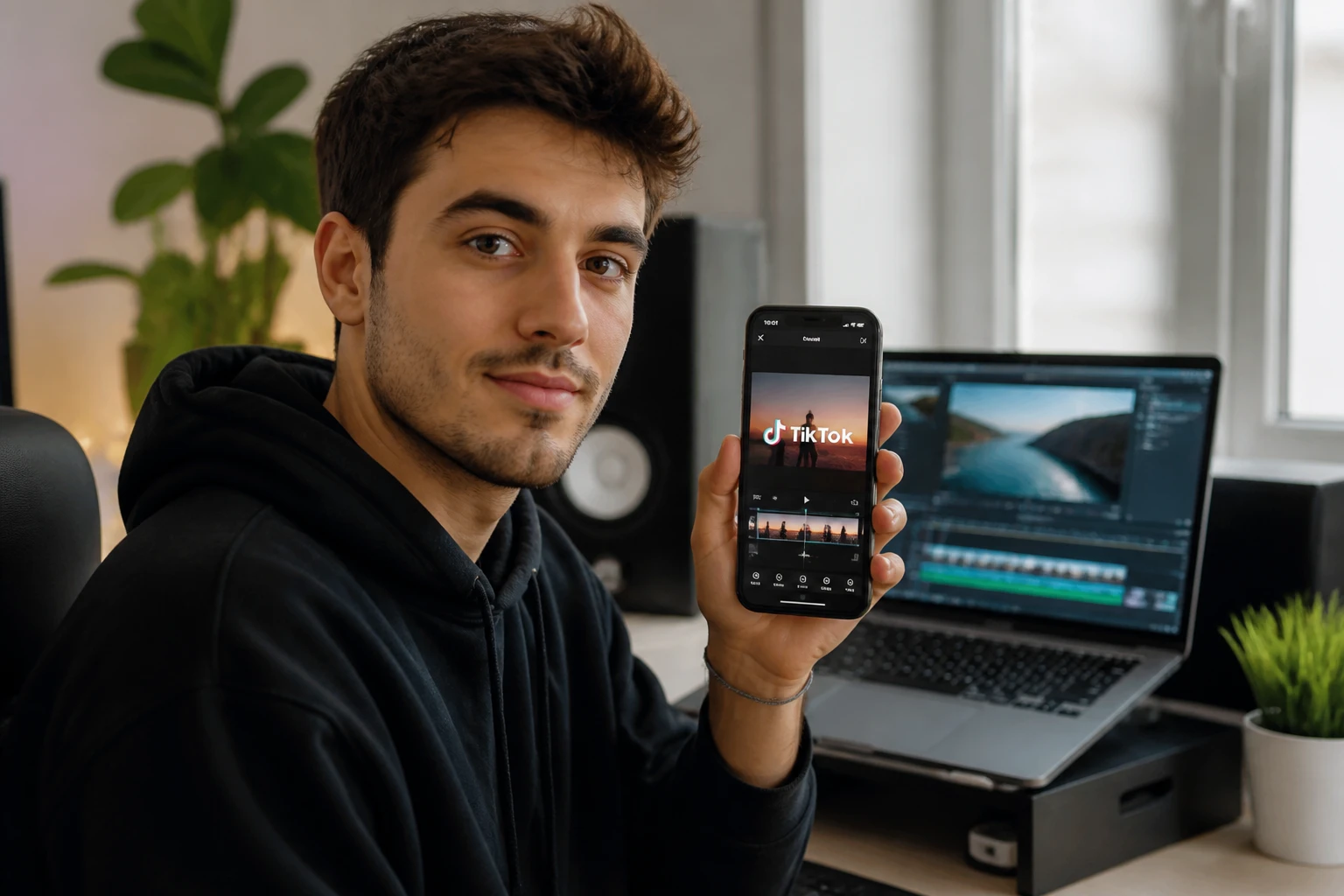 Créateur de contenu montant une vidéo TikTok sur smartphone et ordinateur portable