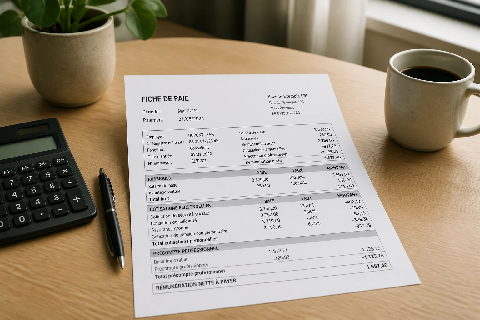 Fiche de paie belge sur un bureau avec calculatrice, illustrant le calcul du salaire minimum