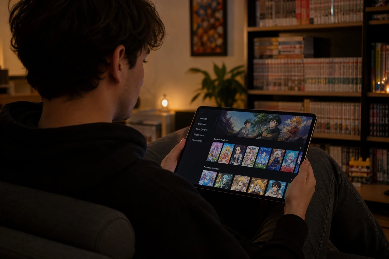 Utilisateur regardant un anime en streaming sur tablette dans un salon le soir