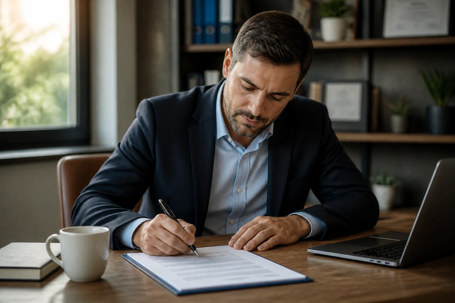 Entrepreneur individuel signant une attestation de renonciation à son bureau