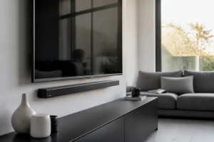 Barre de son fine installée sous un téléviseur dans un salon moderne