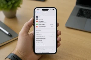 Main tenant un iPhone ouvert sur les réglages du téléphone pour masquer son numéro