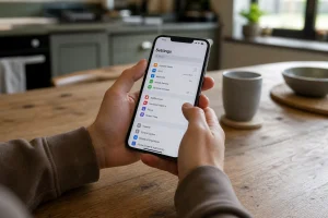 Personne vérifiant les paramètres de son téléphone pour détecter un logiciel espion