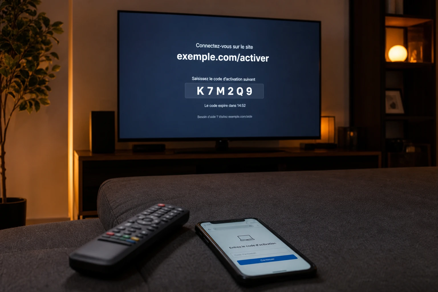 Télévision affichant un code d'activation Crunchyroll avec une télécommande et un smartphone au premier plan