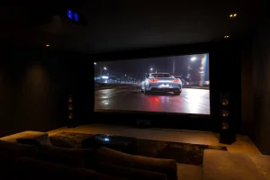 Vidéoprojecteur DLP projetant une image avec léger effet arc-en-ciel visible sur les contours à l'écran