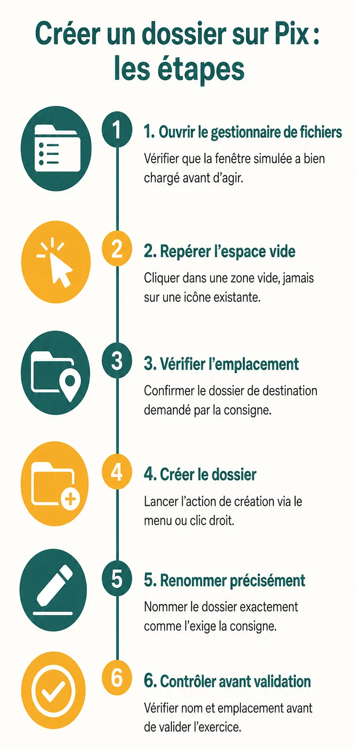 Créer un dossier sur Pix : les étapes : 1. Ouvrir le gestionnaire de fichiers, 2. Repérer l'espace vide, 3. Vérifier l'emplacement, 4. Créer le dossier, 5. Renommer précisément, 6. Contrôler avant validation