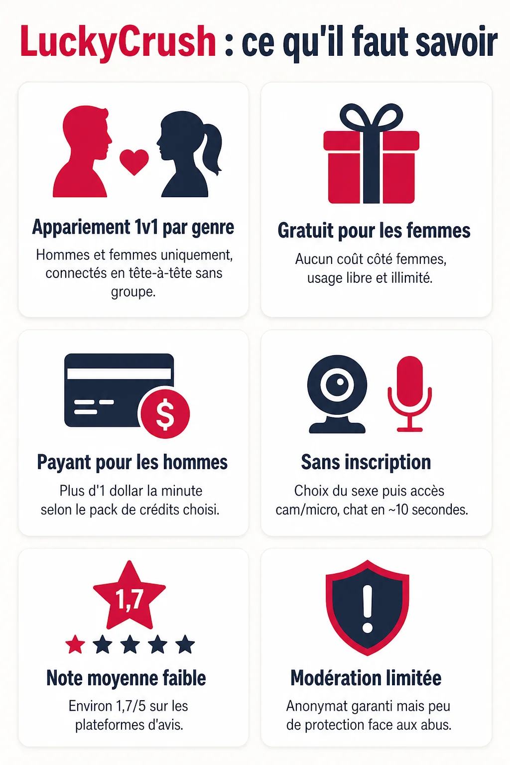 LuckyCrush : ce qu'il faut savoir : Appariement 1v1 par genre, Gratuit pour les femmes, Payant pour les hommes, Sans inscription, Note moyenne faible, Modération limitée