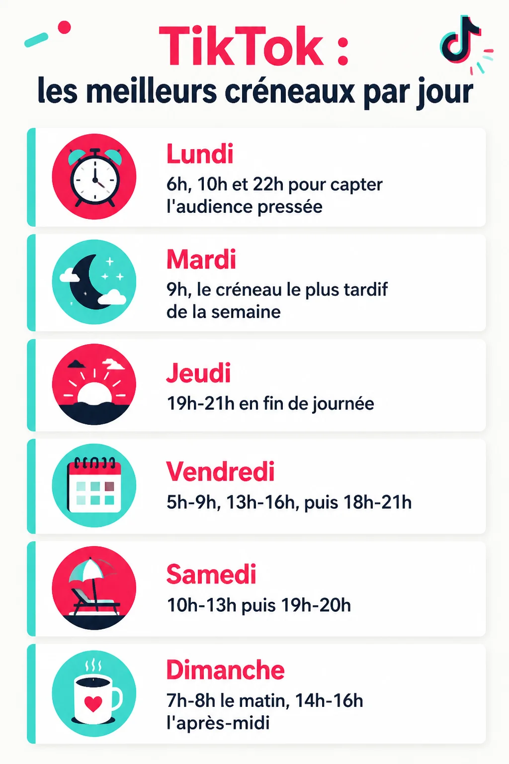 TikTok : les meilleurs créneaux par jour : Lundi, Mardi, Jeudi, Vendredi, Samedi, Dimanche