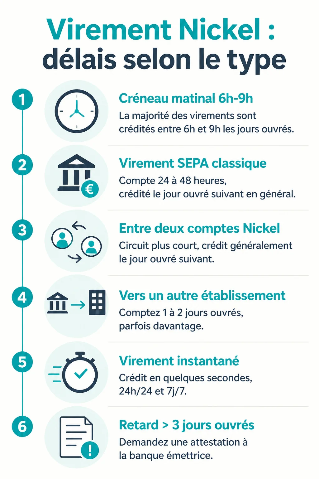 Virement Nickel : délais selon le type : 1. Créneau matinal 6h-9h, 2. Virement SEPA classique, 3. Entre deux comptes Nickel, 4. Vers un autre établissement, 5. Virement instantané, 6. Retard > 3 jours ouvrés » class= »wp-image-1260&Prime;/></figure>



<h2 class=