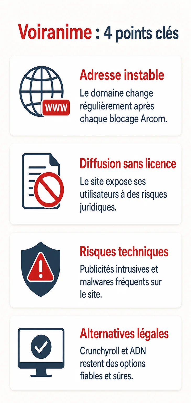 Voiranime : 4 points clés : Adresse instable, Diffusion sans licence, Risques techniques, Alternatives légales