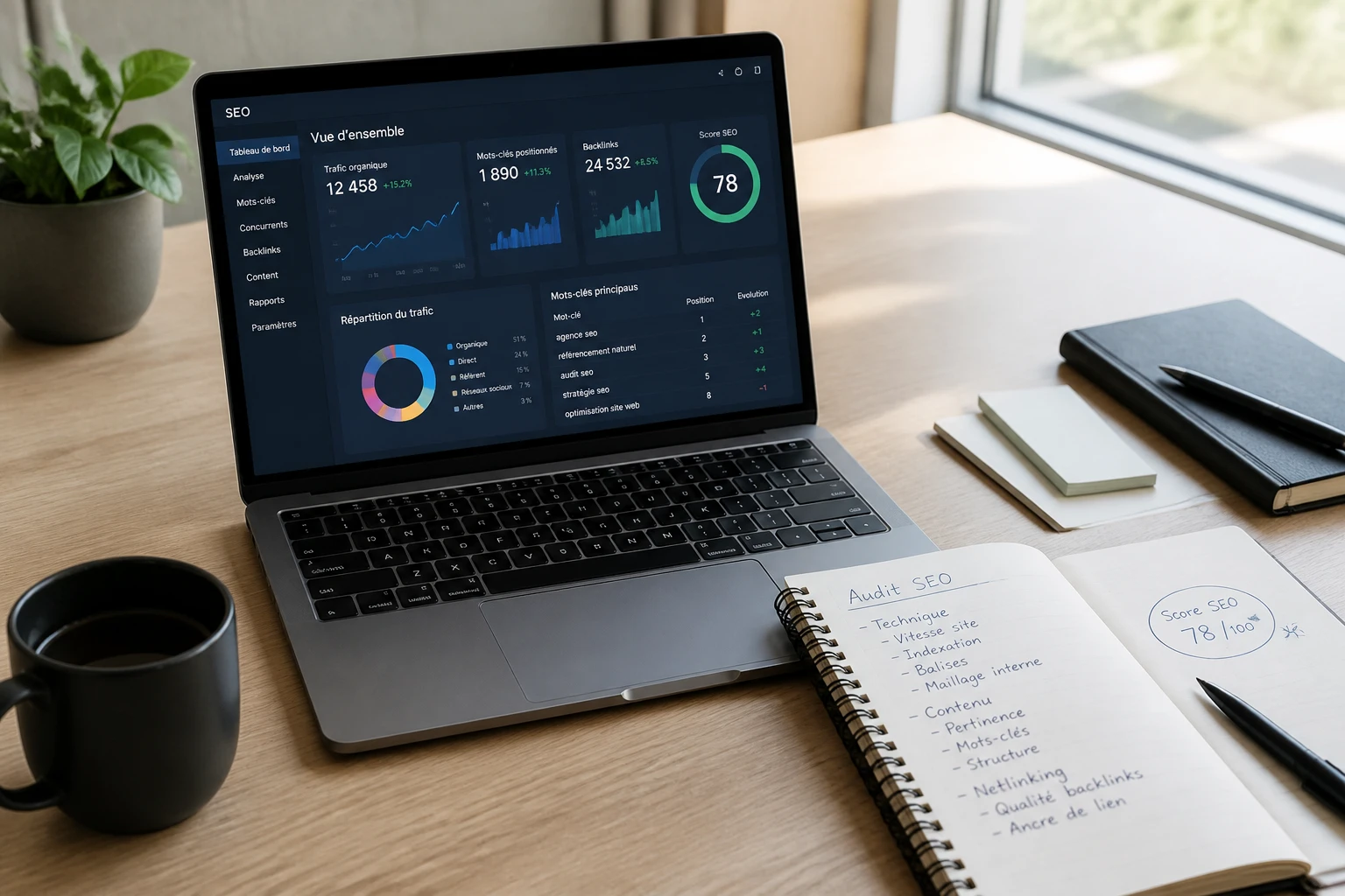 Bureau avec ordinateur affichant des statistiques SEO et carnet de notes annoté