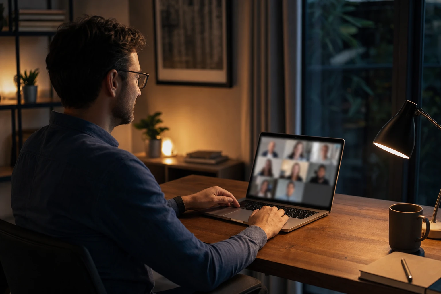 Personne en chat vidéo sur ordinateur portable dans une pièce éclairée le soir