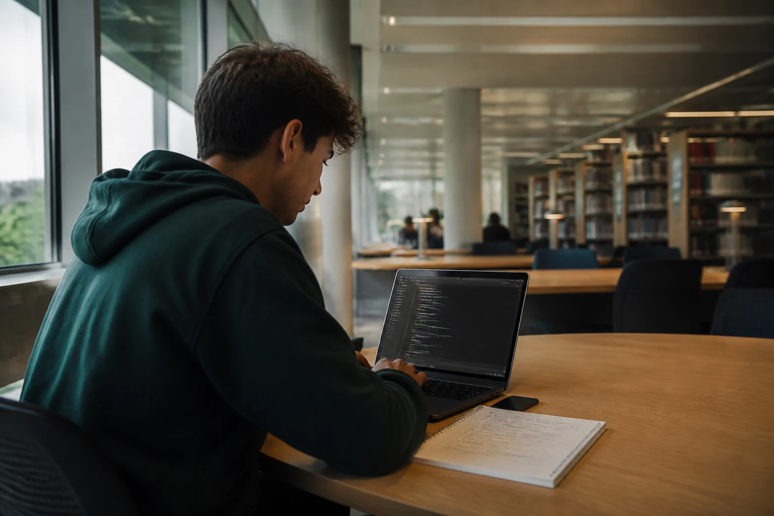 Étudiant travaillant sur un ordinateur portable dans une bibliothèque universitaire lors d'un master informatique