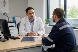 Consultation entre un médecin du travail et un salarié dans un cabinet médical professionnel