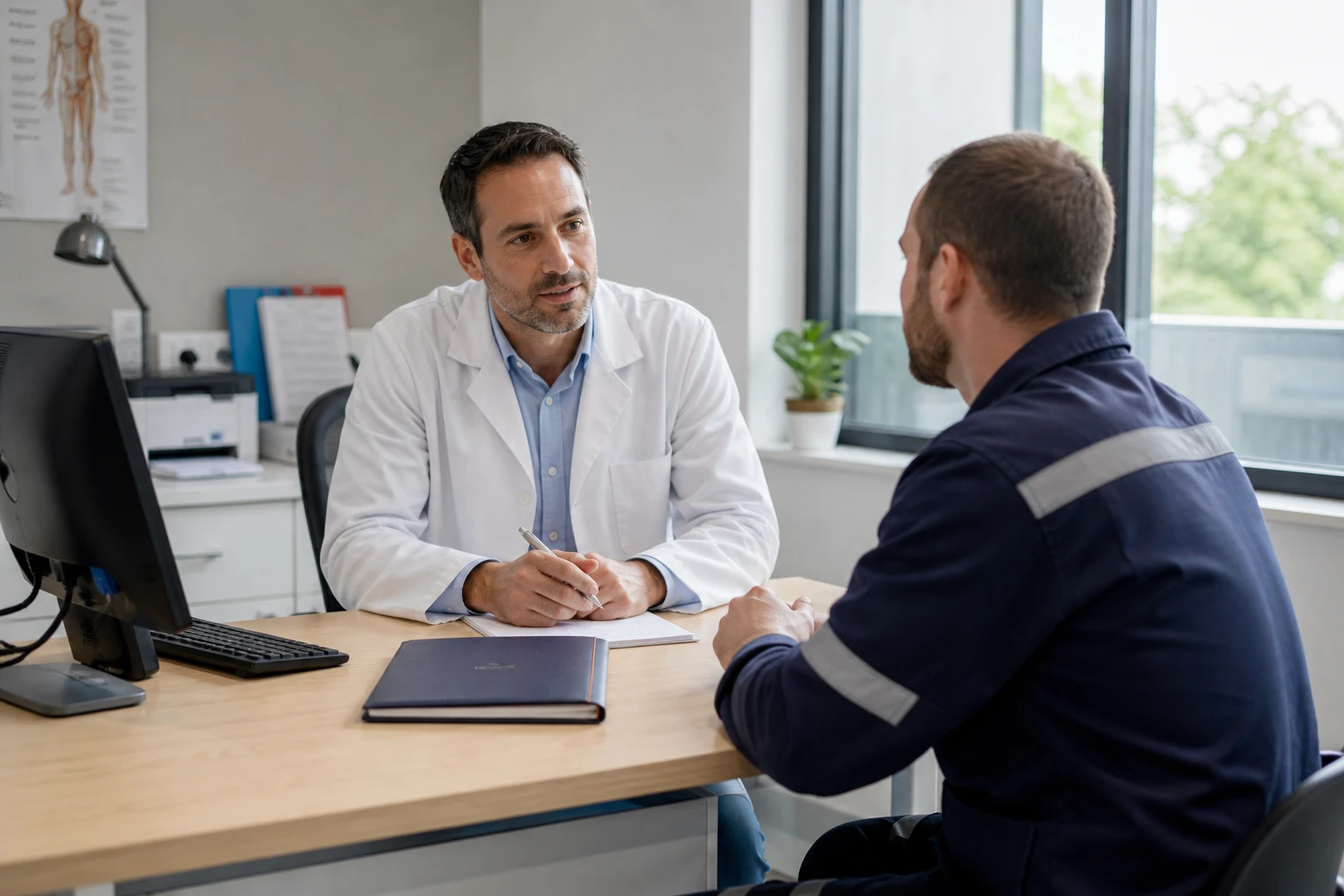 Consultation entre un médecin du travail et un salarié dans un cabinet médical professionnel