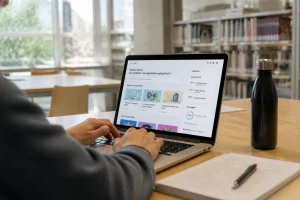 Étudiant consultant la plateforme PSBLearn sur un ordinateur portable dans une bibliothèque universitaire