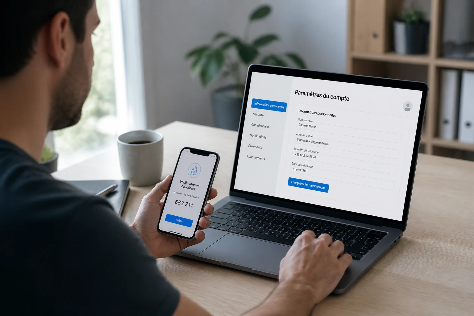 Homme consultant les paramètres de son compte AliExpress sur ordinateur portable et smartphone