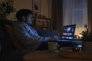 Personne regardant un anime en streaming sur ordinateur portable le soir dans un salon