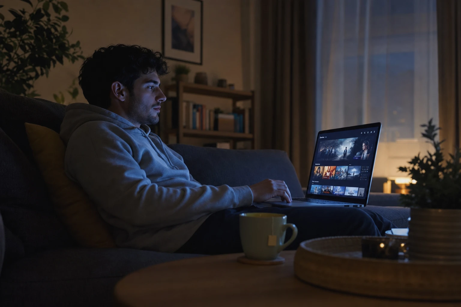 Personne regardant un anime en streaming sur ordinateur portable le soir dans un salon