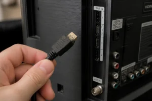 Main tenant un câble HDMI près d'un port de téléviseur, connecteur légèrement abîmé visible