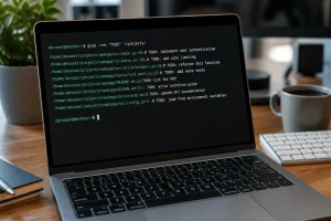 Terminal Linux affichant une commande grep -r en cours d'exécution sur fond de code