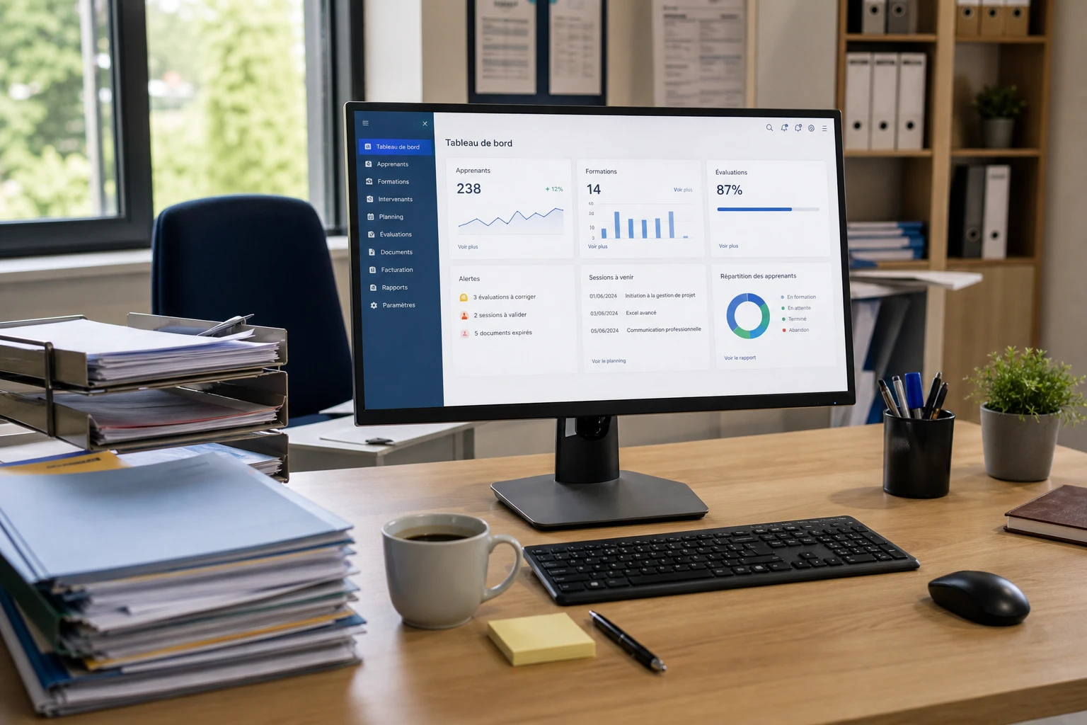 Bureau administratif de CFA avec écran affichant un logiciel de gestion de type Ypareo