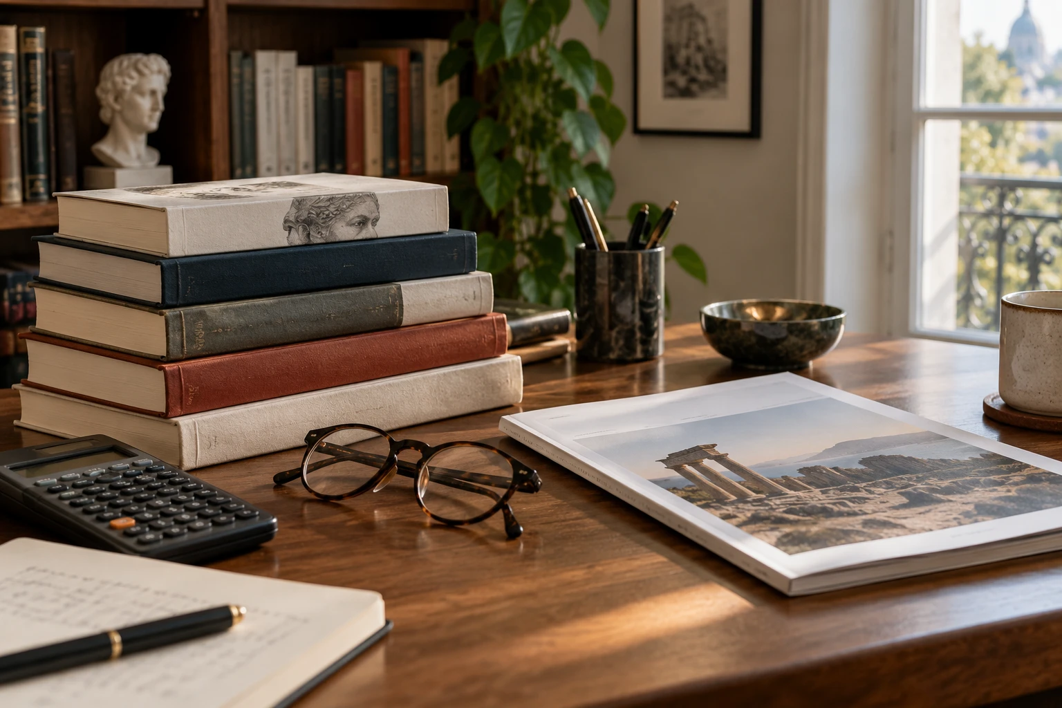 Bureau d'auteur avec livres, revue et calculatrice évoquant les revenus d'un philosophe